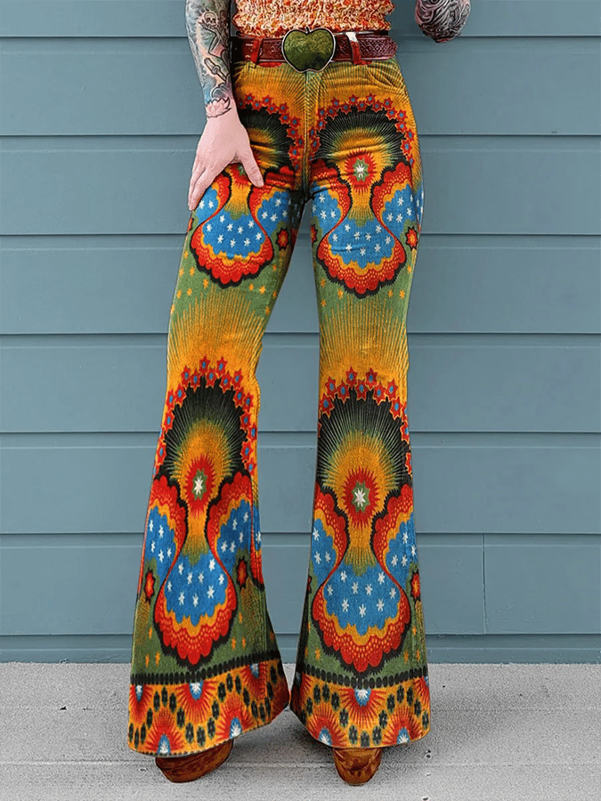 Damen-Bootcut-Hose mit Blumendruck, mittlerer Leibhöhe und Knopfsaum (ohne Gürtel)