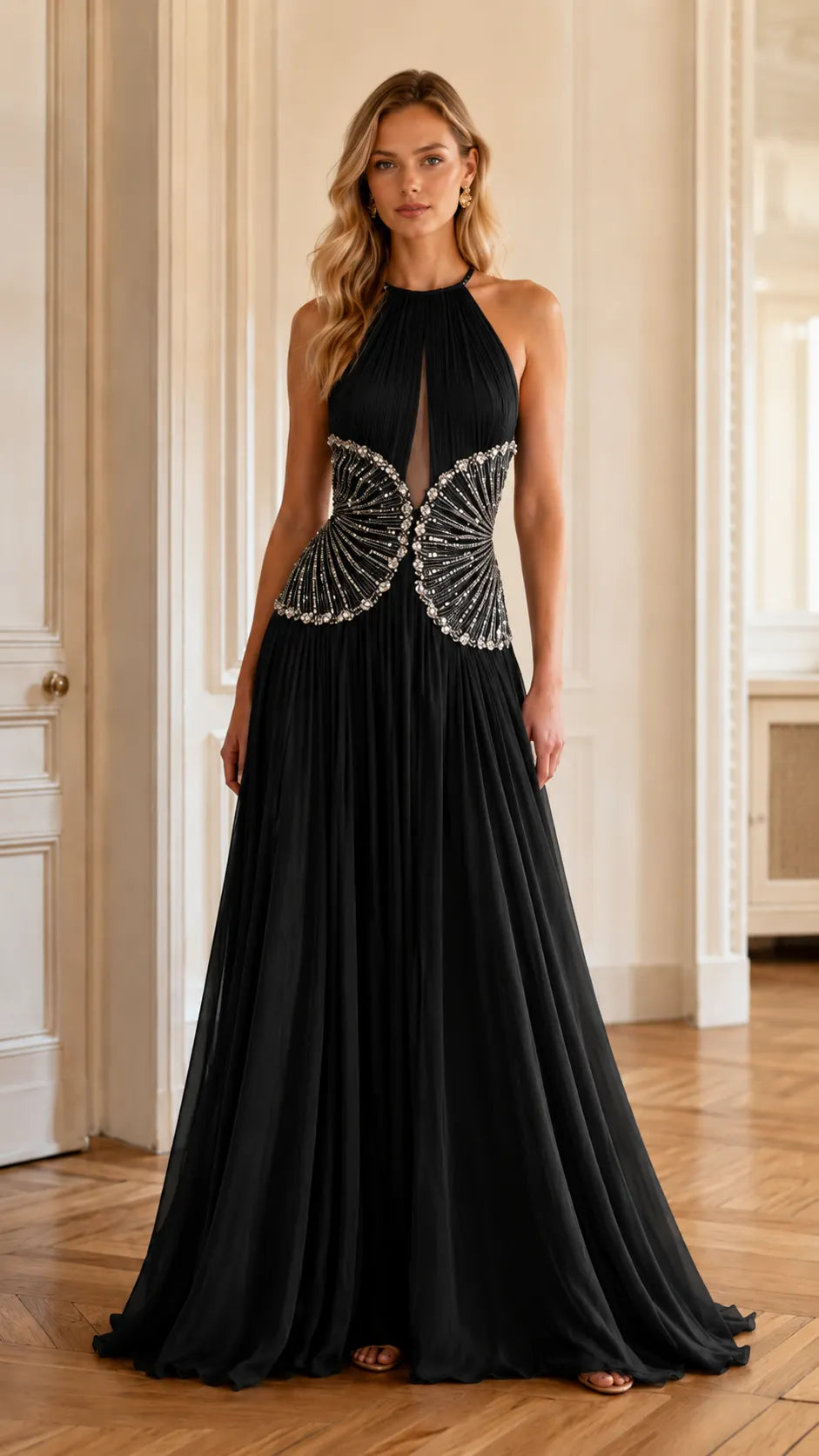 Pleated Halter Open-Back Embellished Evening Gown
