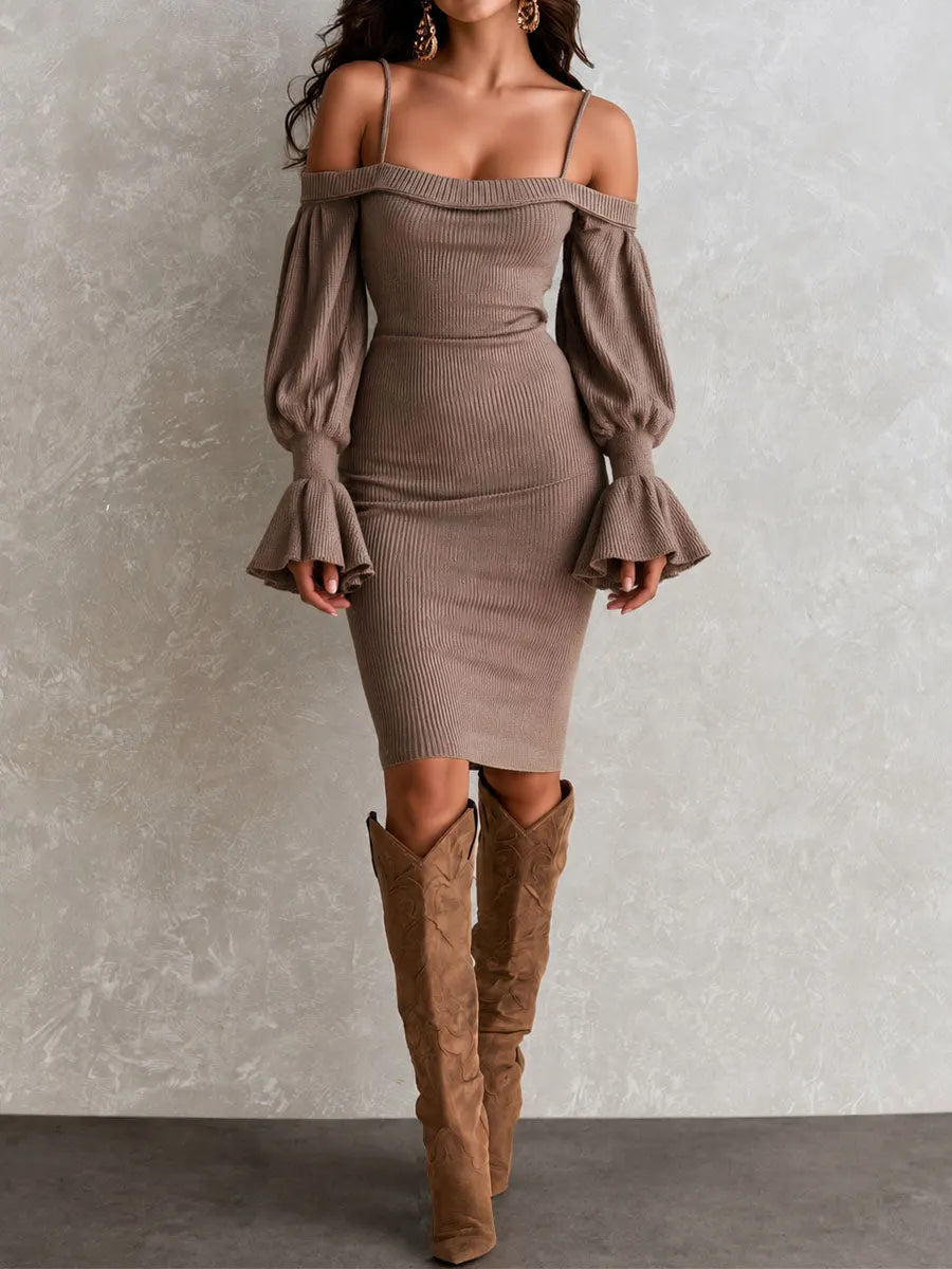 Retro Elegant Taupe Ribbed Knit Cold Shoulder Midi Dress