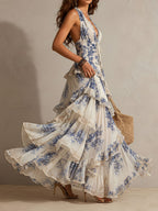 Boho Resort Blue Floral Halter Tiered Ruffle Chiffon Maxi Dress