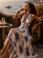 Boho Resort Blue Floral Halter Tiered Ruffle Chiffon Maxi Dress