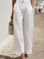 Vacation-style Square-neck Short-sleeve Button-up Top And Raw-hem Trousers Set