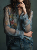 Vintage Boho Sheer Floral Button-Up Blouse