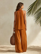 Resort-style Sleeveless A-line Top And Trousers Set