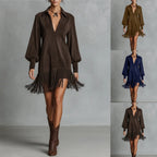 2026 New Arrival Women's Western-Style Faux Suede Fringe Hem Fitted Long-Sleeved V-Neck Dress