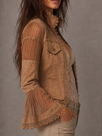 Boho Vintage Lace Trim Pocket Patchwork Sheer Flare Long Sleeve Jacket