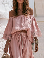 Bohemian Off-shoulder Lace-trimmed Three-quarter Sleeve Top And Skirt Cotton-linen Set