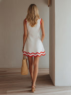 Island Vacation White And Red Scallop Trim Linen-Blend Mini Dress