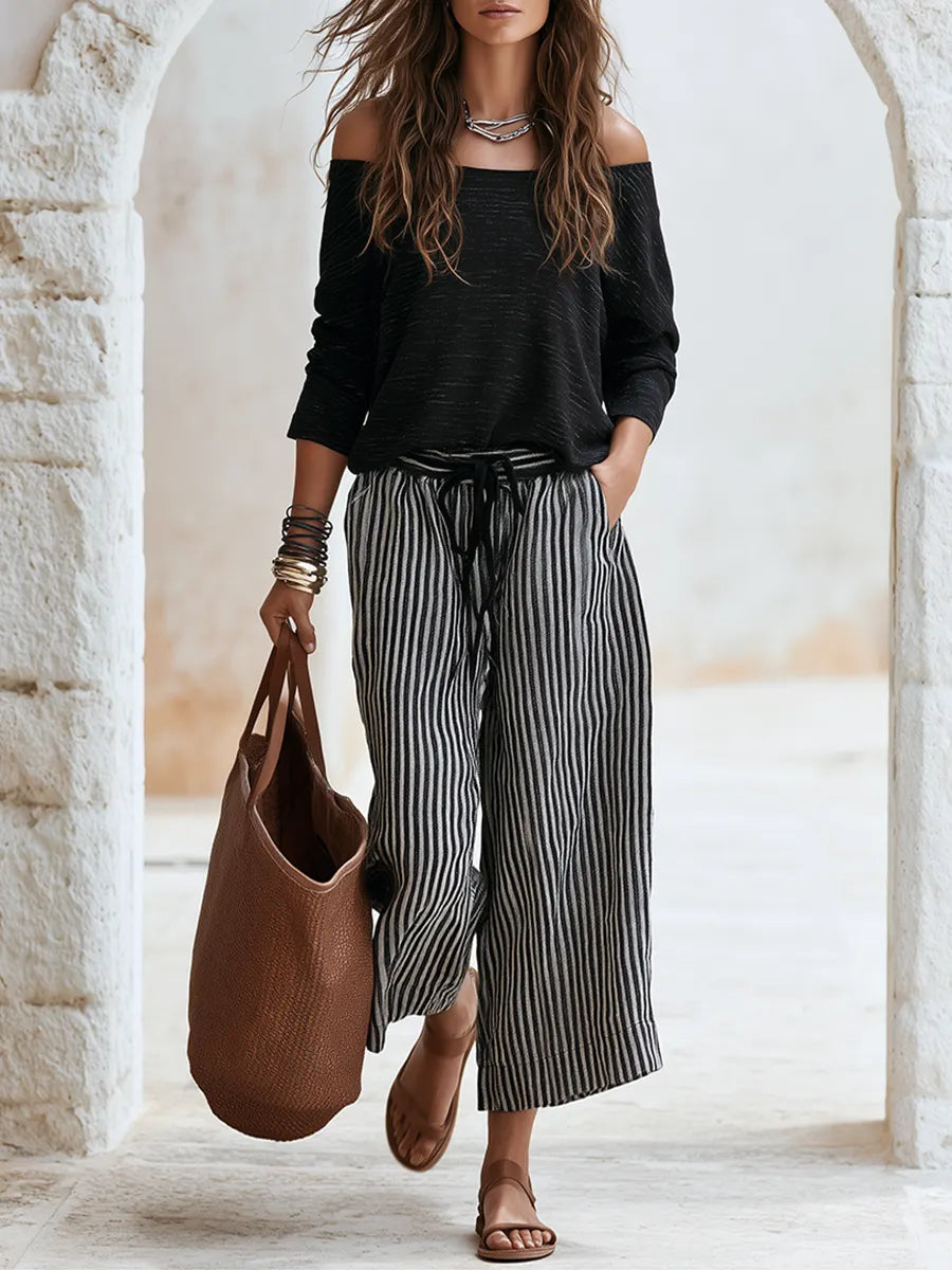 Casual Vacation Black Cotton Long Sleeve Tops And Black And White Vertical Striped Wide-Leg Pants Set