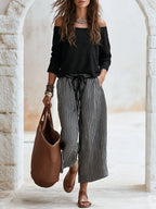 Casual Vacation Black Cotton Long Sleeve Tops And Black And White Vertical Striped Wide-Leg Pants Set