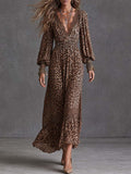 Women's Leopard Print Lace Trim V-Neck Long Sleeve Boho Maxi Dress