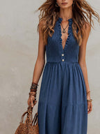 Retro Ruffle Neck Cotton And Linen Jumpsuit