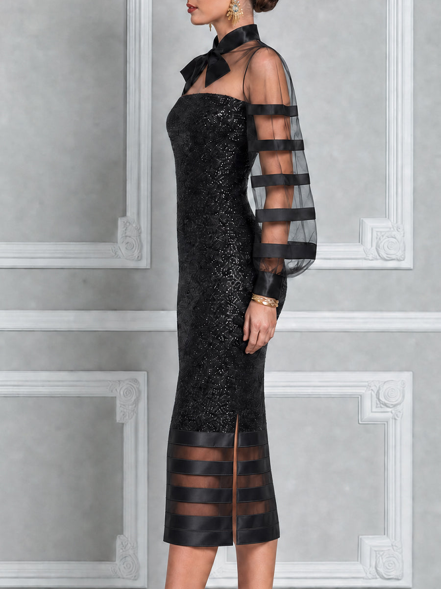 Sheer Bow Neck Sequin Midi Dress
