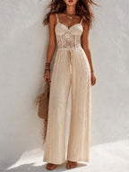 Bohemian Cream Lace Corset And Pleated Wide-Leg Jumpsuit