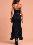Western Dress — Midnight Black Floral Lace Asymmetric High-Slit Maxi Dress
