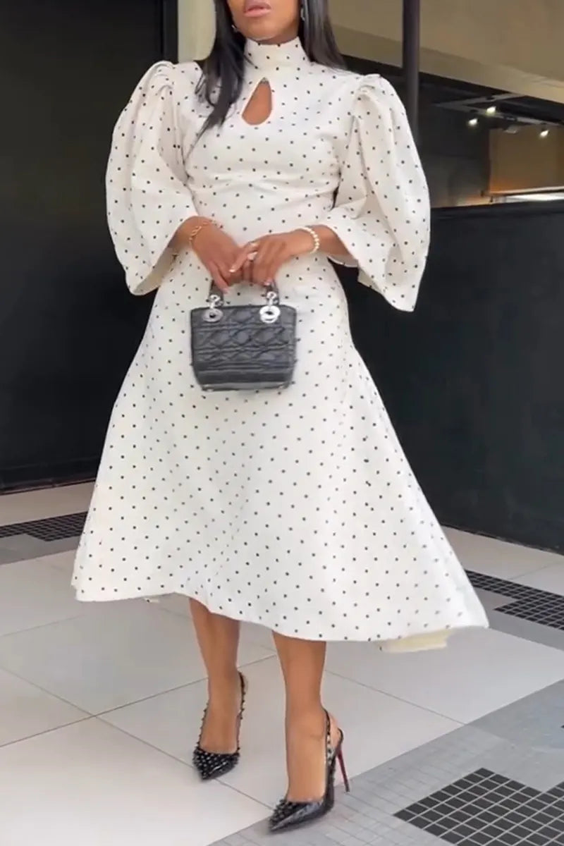Women's Elegant Puff Sleeve A-Line Polka Dot Dress
