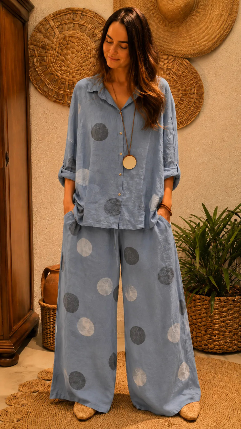 Washed Polka Dot Linen Blend Set - Oversized Button-Up Shirt & High-Waisted Wide Leg Pants Co-ord