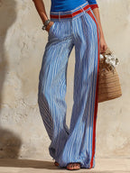 Retro Color-blocked One-shoulder Top And Striped Wide-leg Pants Set
