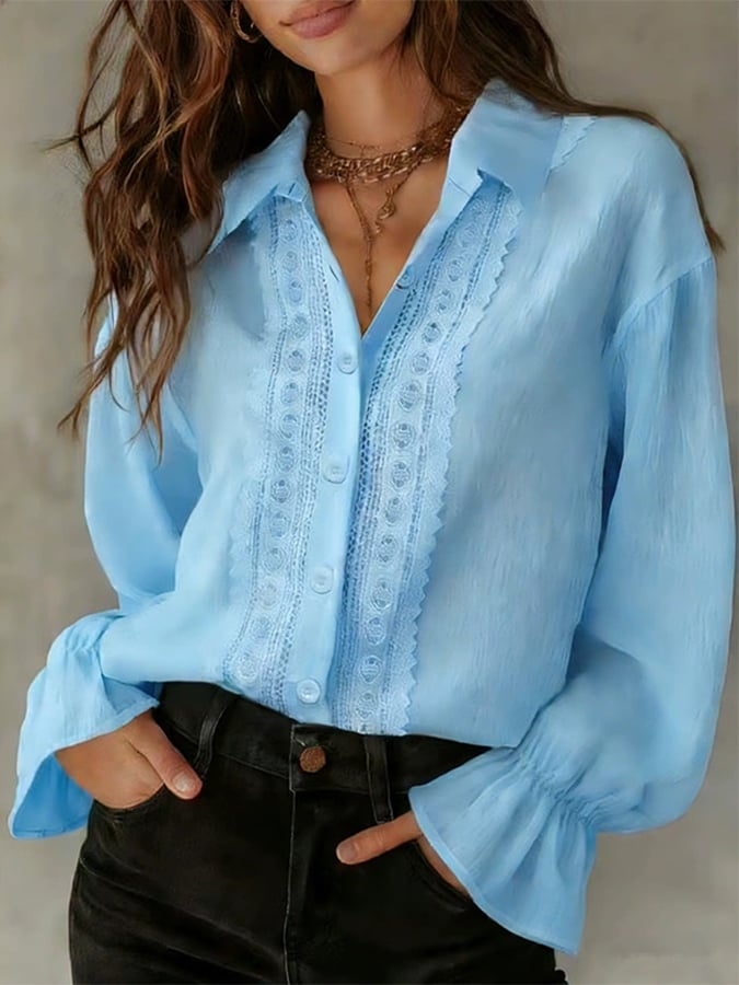 Women'S Solid Color Lapel Single-Breasted Shirt With Lace Splicing