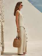 Minimalist Vacation Sleeveless Top And Wide-Leg Pants Oatmeal Cotton-Linen Set