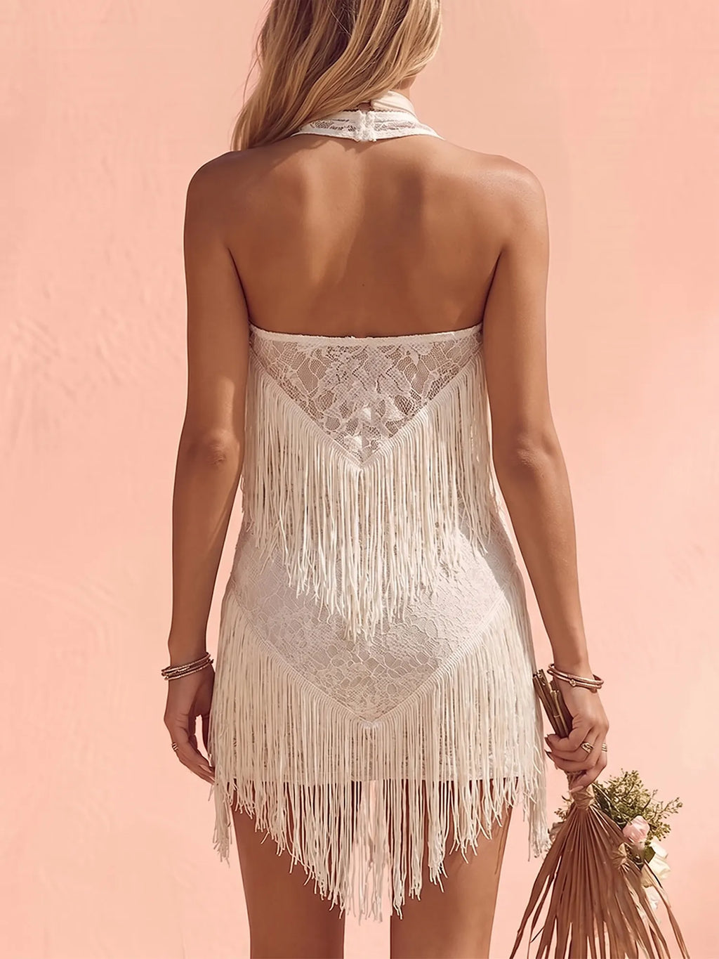 Festival Mini Dress — Ivory White Lace Fringe Deep V-Neck Halter Mini Dress