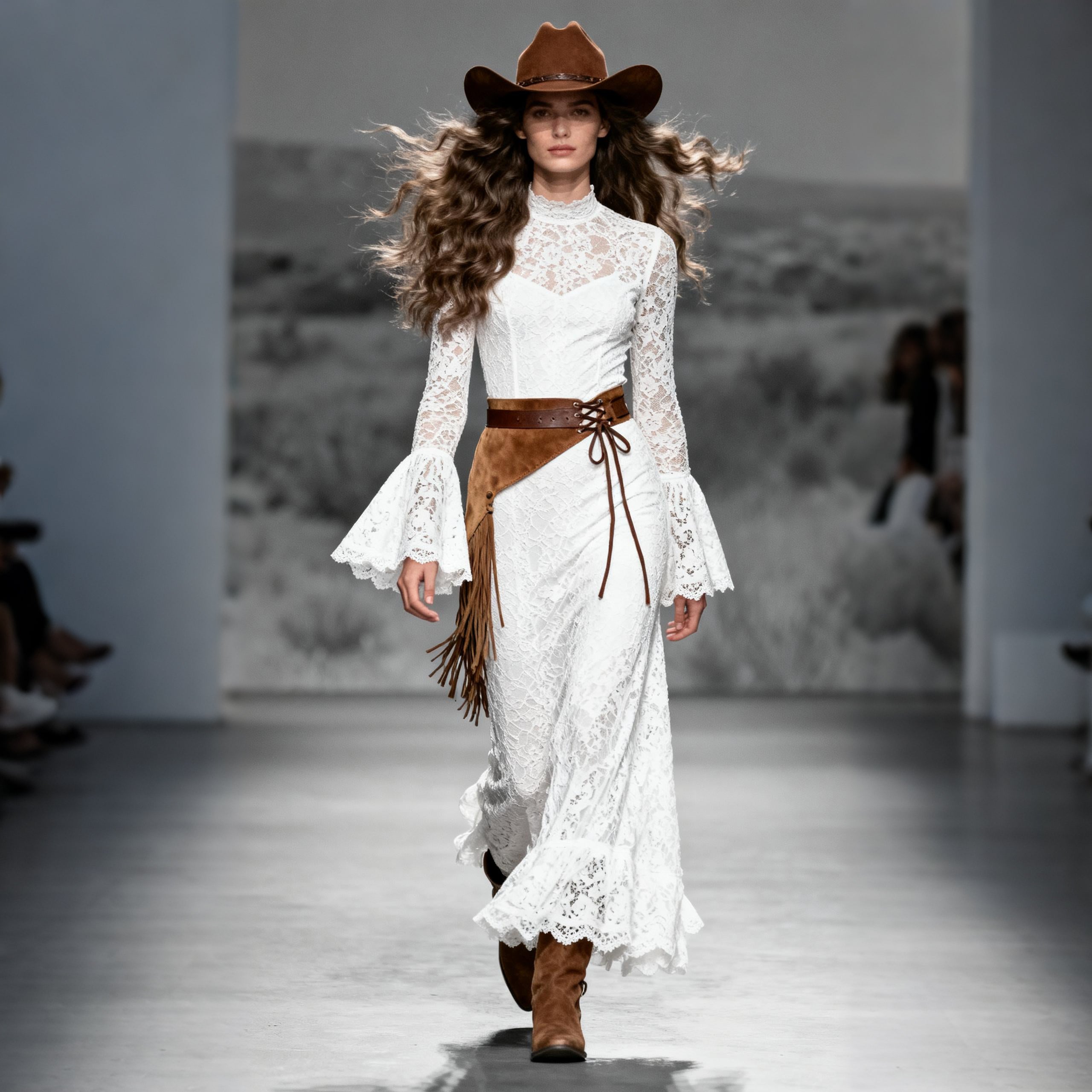 Cowgirl Outfit Women's Retro Western Country Lace-Up Trumpet Sleeve Long Lace Dress