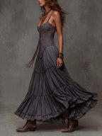 Dark Gray Lace Bodice Tiered Crinkle Maxi Dress