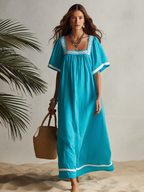 Vacation-style Square-neck Loose Short-sleeve A-line Maxi Dress