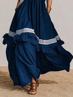 Vacation-style Retro Striped V-neck Ruffled Maxi Dress