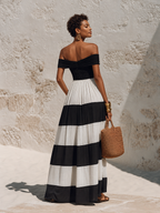 Chic Vacation Off-Shoulder Black And White Striped Chiffon Maxi Dress