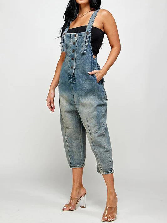 Fashion Casual Designer Style Denim Suspender Jumpsuit