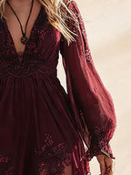 Ideal For Western Wedding Or Road Trip — Burgundy Embroidered Lace V-Neck Chiffon Boho Long Sleeve Maxi Dress