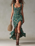 Boho Retro Ruffled Sleeves High Slit Maxi Dress