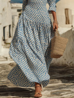 Mediterranean Holiday Crinkled Fabric Blue Polka Dot Square Neck Three Quarter Sleeve Tiered Maxi Dress
