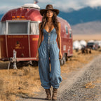 Women's Western Cowboy Style Outdoor Casual Denim Jumpsuit Trousers