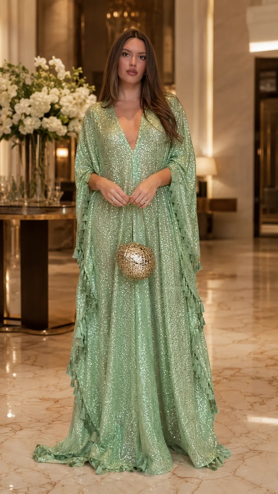 Sequin Evening Gown with Dramatic Ruffled Cape Sleeves - Deep V-Neck Mermaid Maxi Dress
