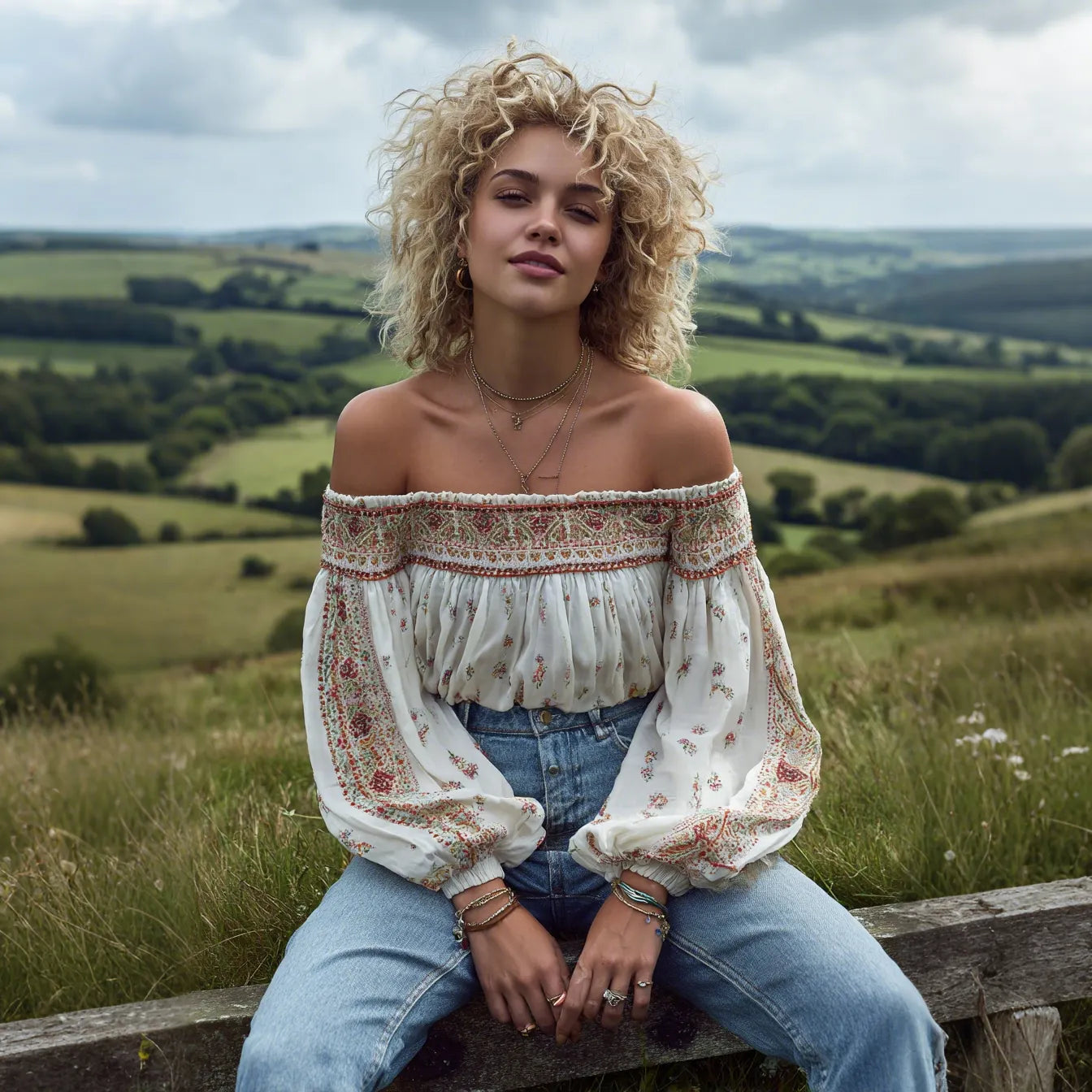 Outdoor Retro Bohemian Style Printed Off-shoulder High-waisted Long-sleeved T-shirt Top