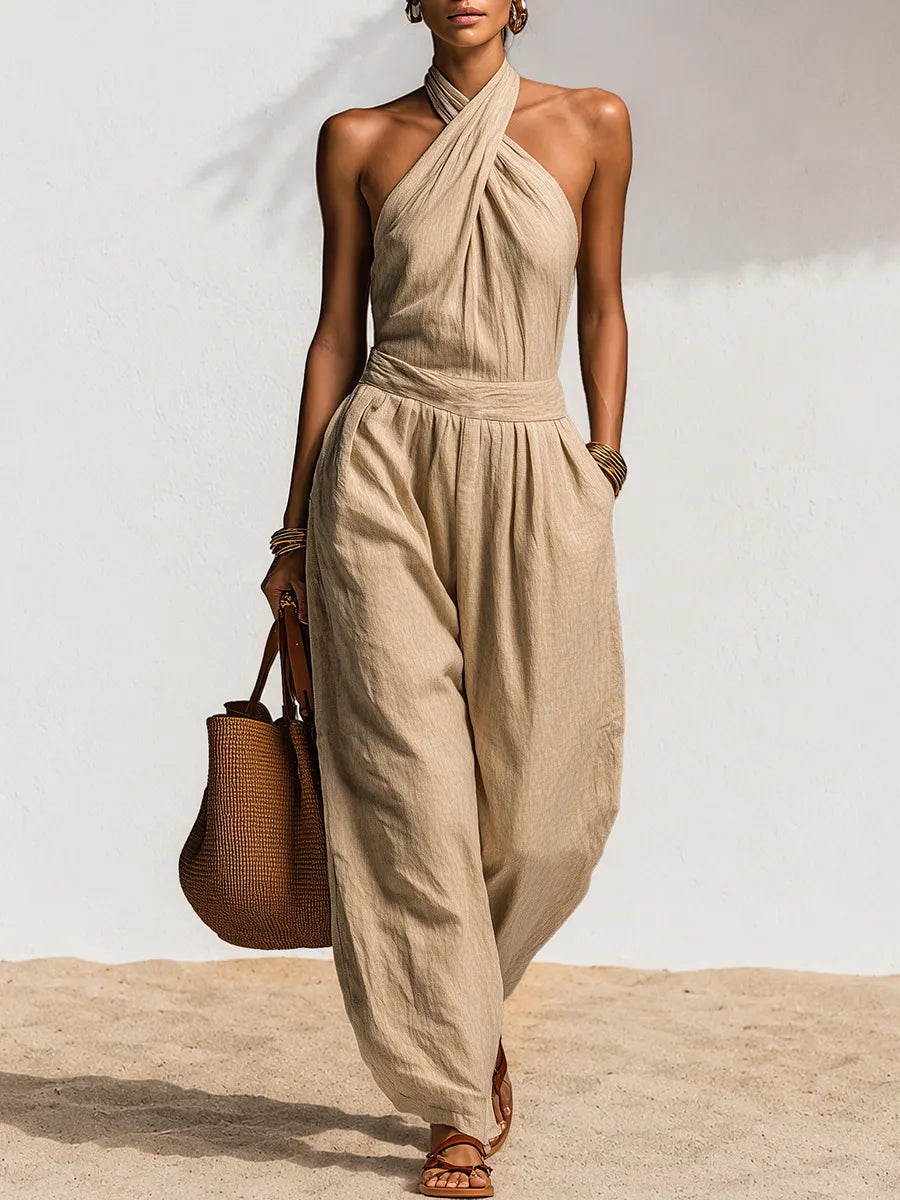 Minimalist Retro Solid Color Halter Jumpsuit