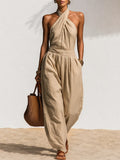 Minimalist Retro Solid Color Halter Jumpsuit