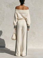 Women Off Shoulder Striped Knit Tracksuit 2 Piece Outfit, Cream Oversized Foldover Neck Top Side Stripe Wide Leg Pants Quiet Luxury Loungewear Matching Set