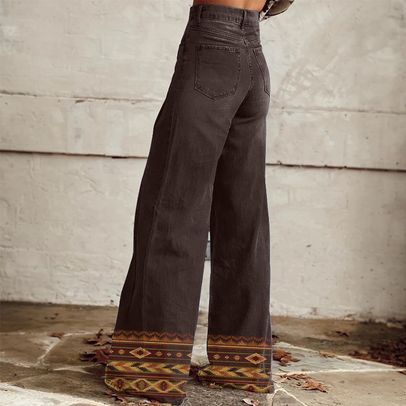 Women's Retro Western Cowgirls Geometric Country Ethnic Printed Faux Denim Wide Leg Pants