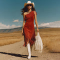 Spring Outfits Western Retro Red Faux Suede Tassel Off-Shoulder Midi Dress