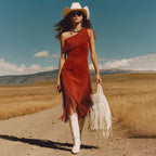 Spring Outfits Western Retro Red Faux Suede Tassel Off-Shoulder Midi Dress