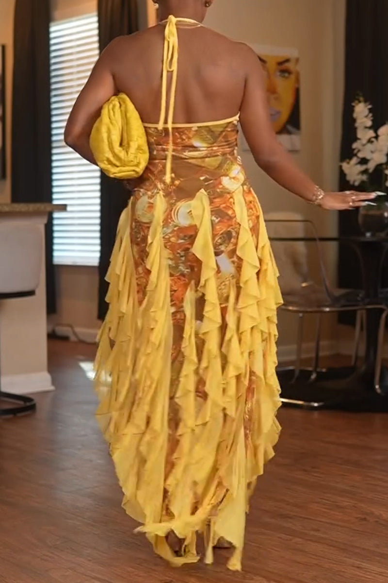 Women's Fashion Vacation Ruffle Decoration Print Maxi Dress