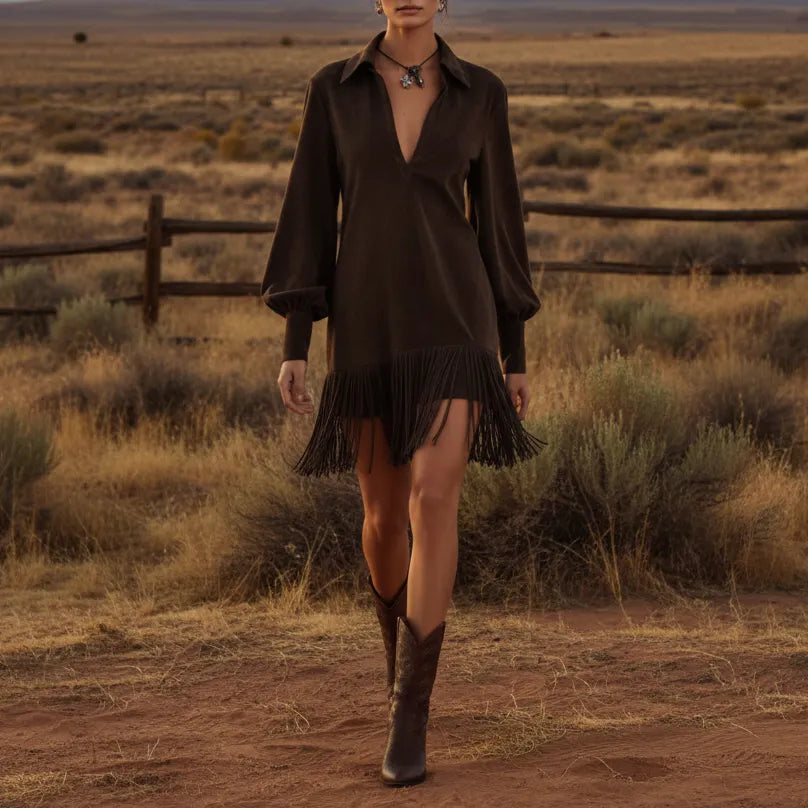 2026 New Arrival Women's Western-Style Faux Suede Fringe Hem Fitted Long-Sleeved V-Neck Dress