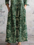 Women's V Neck Angel Floral Pattern Cotton and Linen Dress with Pockets