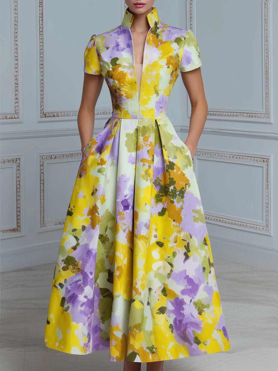 High Neck Structured Floral A-Line Midi Dress