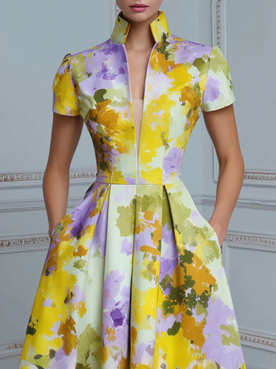 High Neck Structured Floral A-Line Midi Dress