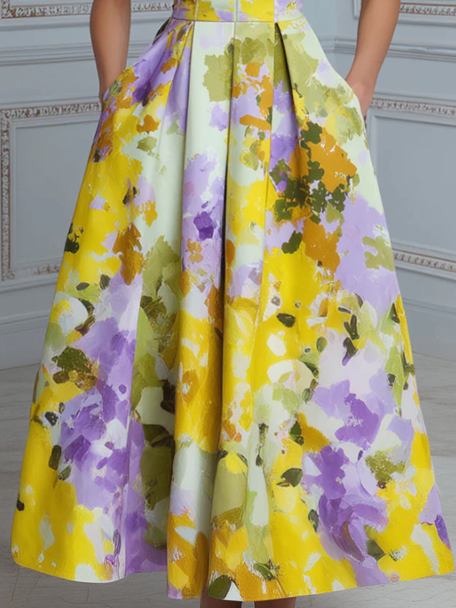 High Neck Structured Floral A-Line Midi Dress