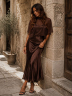 Retro Elegant Chocolate Brown Sheer Chiffon Overlay & Satin Midi Dress Set
